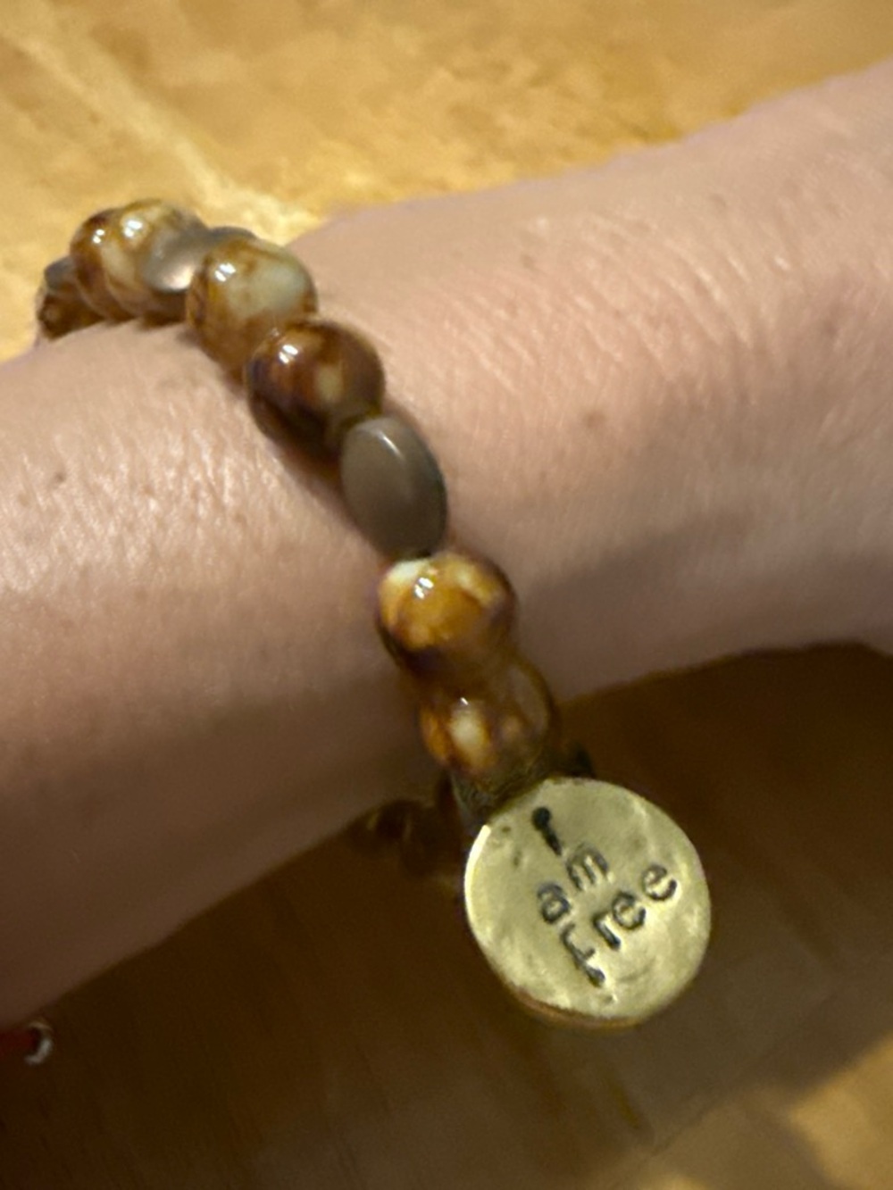 Gold Charm Brown Beaded Stretch Bracelet - Inspirational Message